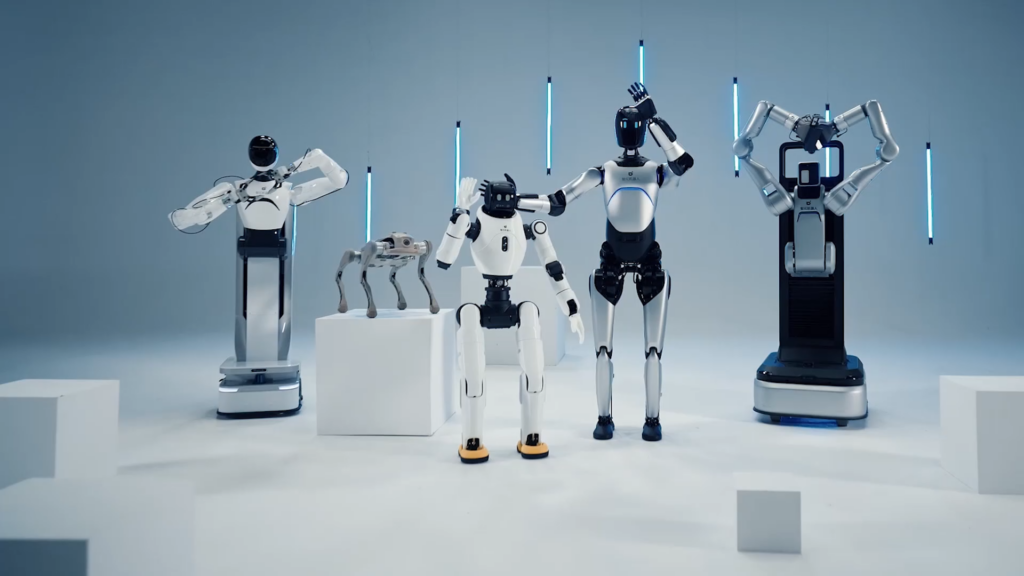 Five Agibot humanoid robots of different models posed together on stage at the Munich launch event with Minth Group.