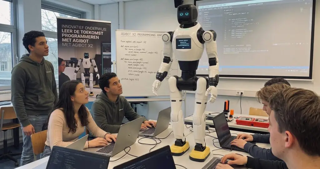 Students and a teacher work with an Agibot X2 humanoid robot in a classroom during a robotics lesson.